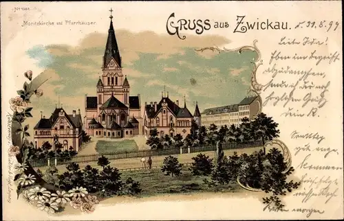 Litho Zwickau in Sachsen, Moritzkirche und Pfarrhäuser