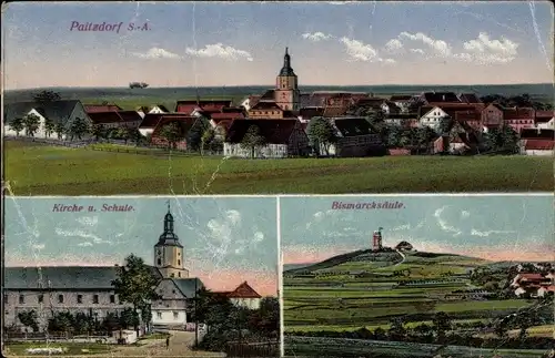 Ak Paitzdorf in Thüringen, Kirche, Schule, Bismarcksäule, Stadtpanorama