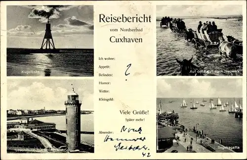 Ak Cuxhaven, Kugelbake, Leuchtturm, Seepavillon, Wattfahrt nach Neuwerk, Segelregatta