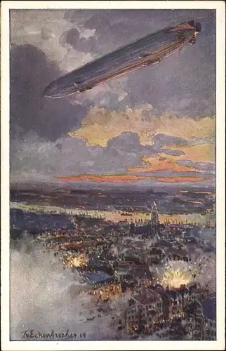 Künstler Ak von Eckenbrecher, Themistokles, Zeppelin über Antwerpen, Schlacht, I. WK