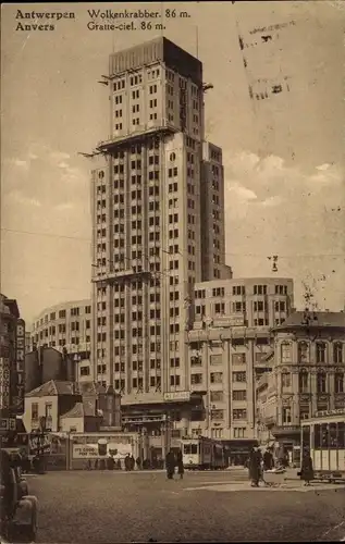 Ak Anvers Antwerpen Flandern, Wolkenkrabber, Straßenbahn