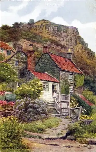 Künstler Ak Runswick North Yorkshire, Cottages