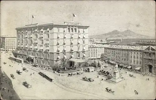 Ak Napoli Neapel Campania, Hotel Isotta Geneve, Monument, Straßenbahn, Vesuv