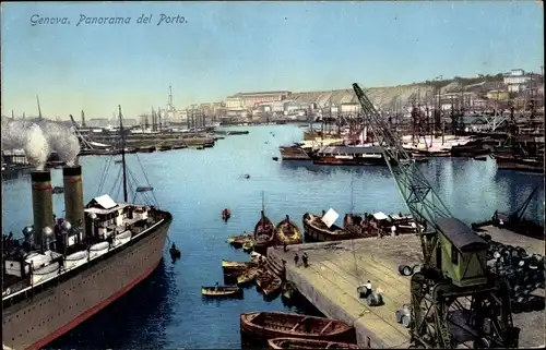 Ak Genova Liguria Italien, Panorama del Porto, Dampfer nahe der Anlegestelle, Kran