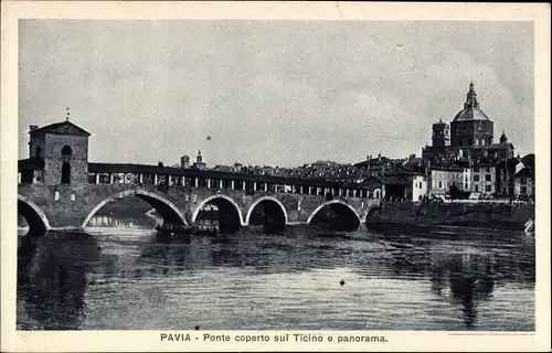 Ak Pavia Lombardia, Ponte coperto sul Ticino e panorama
