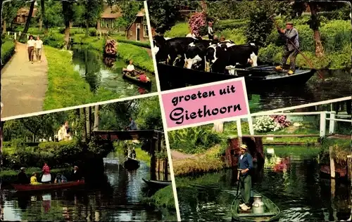 Ak Giethoorn Overijssel Niederlande, Gewässerpartien, Gondelfahrten, Kühe auf Gondel