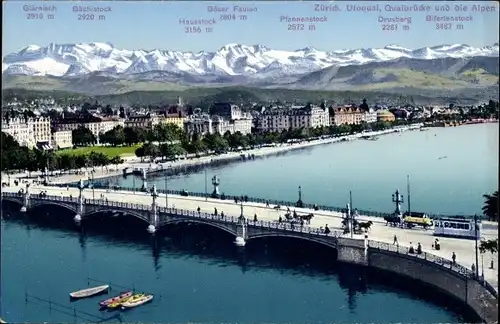 Ak Zürich Stadt Schweiz, Utoquai, Quaibrücke und die Alpen