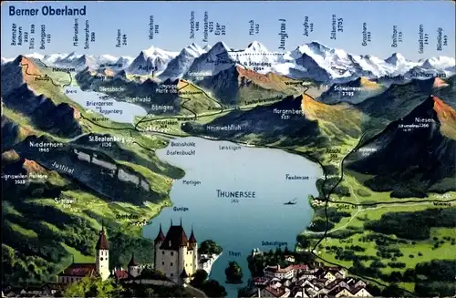 Landkarten Ak Oberhofen am Thunersee Kanton Bern, Gebirgskette, Thunersee, Berner Oberland
