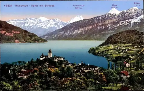 Ak Spiez am Thuner See Kanton Bern, Panorama mit Schloss und See