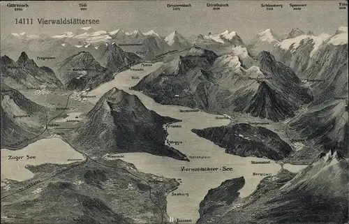 Landkarten Ak Vierwaldstättersee Kanton Uri, Zuger See, Schlossberg, Gebirge