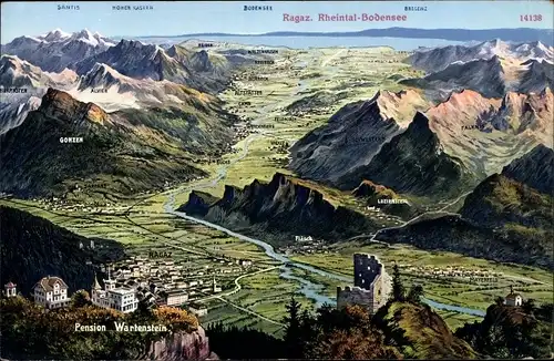 Ak Bad Ragaz Kanton St Gallen, Pension Wartenstein, Gonzen, Fläsch, Luziensteig, Rhein, Bodensee