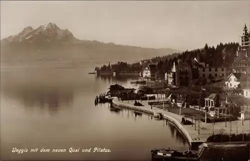 Ak Weggis Kanton Luzern, Teilansicht mit neuem Quai und Pilatus