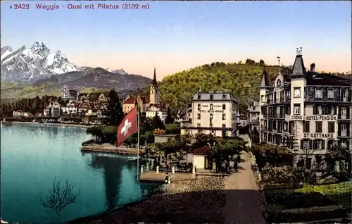 Ak Weggis Kanton Luzern, Teilansicht mit neuem Quai und Pilatus, Hotel St. Gotthard
