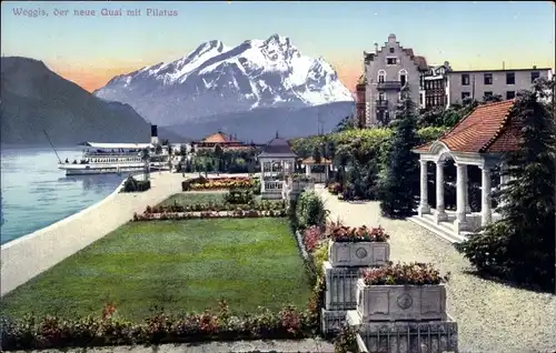 Ak Weggis Kanton Luzern, Teilansicht mit neuem Quai und Pilatus