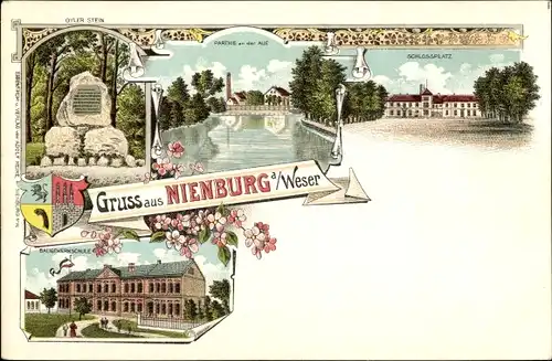 Litho Nienburg an der Weser, Schlossplatz, Baugewerkschule, Oyler Stein, Wappen