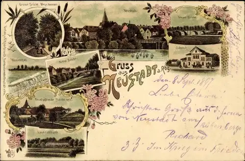 Litho Neustadt am Rübenberge, Bahnhof, Brücke, Wasserfall, Landratsamt