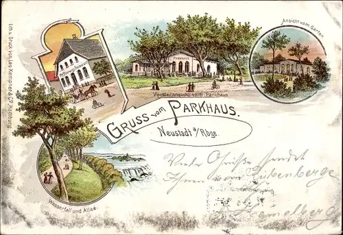 Litho Neustadt am Rübenberge in Niedersachsen, Gruß vom Parkhaus, Wasserfall, Restaurant