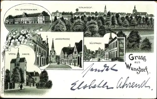 Litho Wunstorf in Niedersachsen, Lehrerseminar, Stiftskirche, Langestraße, Südstraße, Totalansicht