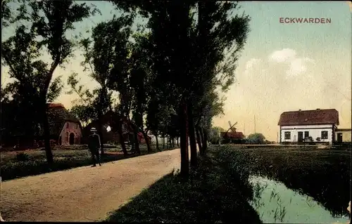 Ak Eckwarden Butjadingen, Kanalpartie, Häuser, Mühle
