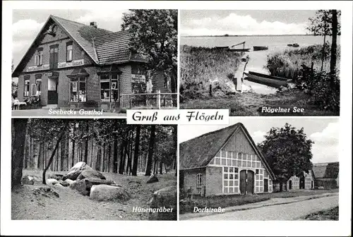 Ak Flögeln Geestland, Seebeck's Gasthof, Hünengräber, Dorfstraße, Flögelner See