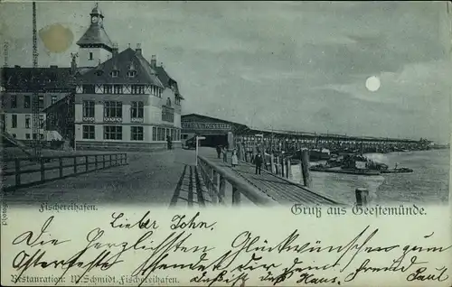 Mondschein Ak Geestemünde Bremerhaven, Fischereihafen bei Nacht