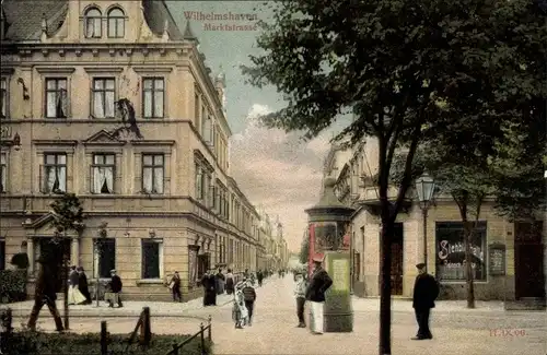 Ak Wilhelmshaven in Niedersachsen, Blick in die Marktstraße, Stehbierhalle, Passanten, Litfaßsäule