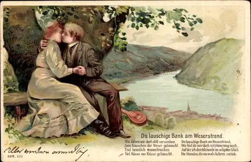 Gedicht Präge Litho Du lauschige Bank am Weserstrand, küssendes Liebespaar