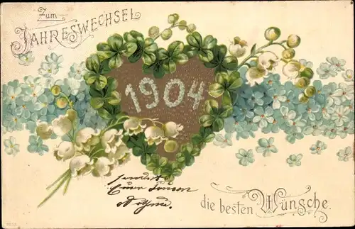 Präge Litho Glückwunsch Neujahr, Jahreszahl 1904, Kleeblätter, Vergissmeinnicht