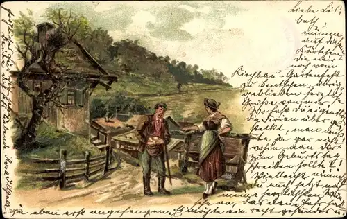 Litho Postbote und Frau in Tracht