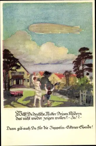 Künstler Ak Amtsberg, Otto, Deutsche Mutter zeigt Kindern Luftschiff, Zeppelin Eckener Spende
