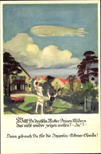Künstler Ak Amtsberg, Otto, Deutsche Mutter zeigt Kindern Luftschiff, Zeppelin Eckener Spende