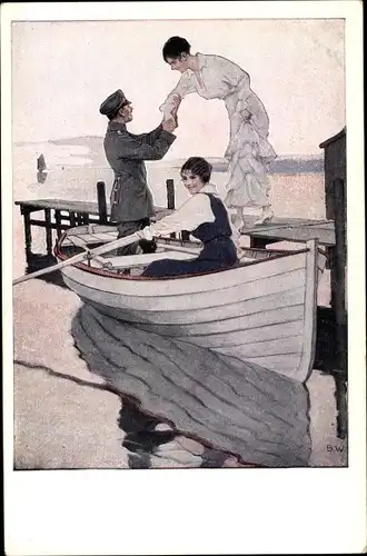 Künstler Ak Wennerberg, Bruno, Heimaturlaub, Soldat, Frauen, Ruderboot