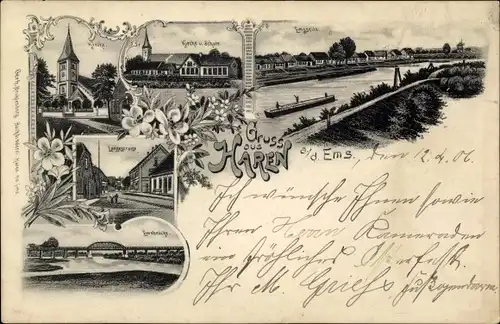 Litho Haren an der Ems, Kirche, Schule, Langestraße, Emsbrücke