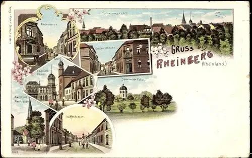 Litho Rheinberg am Niederrhein, Rheinstraße, Rathaus, Kirche, Markt