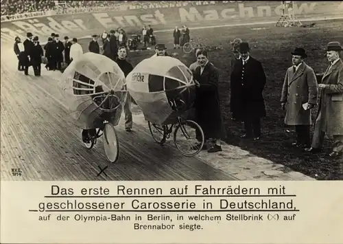 Ak Wilmersdorf, Erstes Rennen auf Fahrrädern mit geschlossener Karosserie, Olympia-Bahn, Stellbrink
