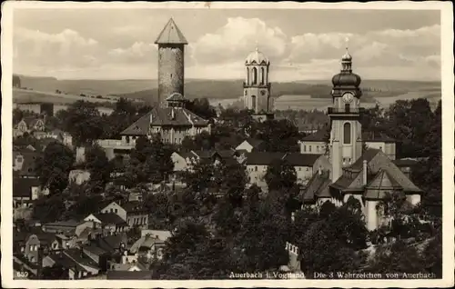Ak Auerbach im Vogtland Sachsen, Die 3 Wahrzeichen des Ortes, Kirchturm, Schlossturm