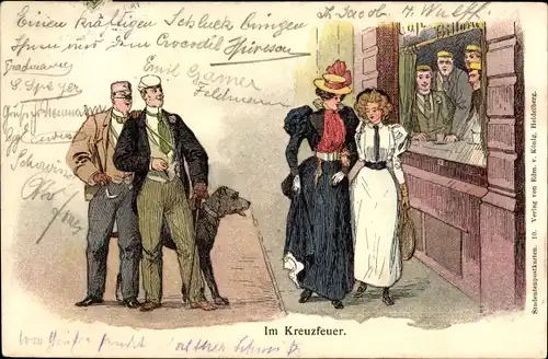 Studentika Litho Im Kreuzfeuer, Studenten flirten mit Damen