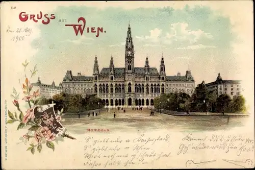 Litho Wien 1. Altstadt, Blick auf das Rathaus, Wappen