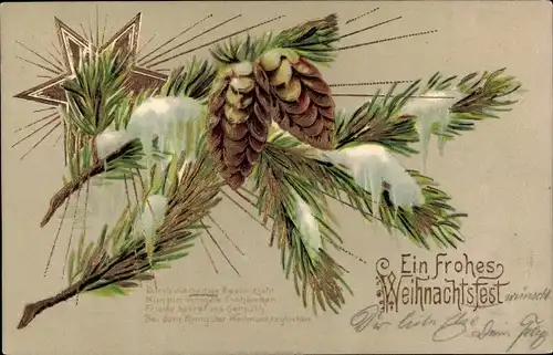 Präge Litho Glückwunsch Weihnachten, Tannenzweige, Tannenzapfen, Stern