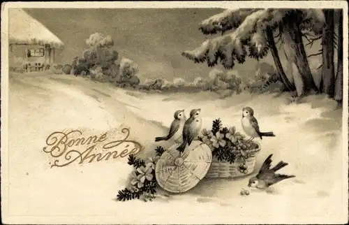 Ak Glückwunsch Neujahr, Vögel, Truhe mit Glücksklee