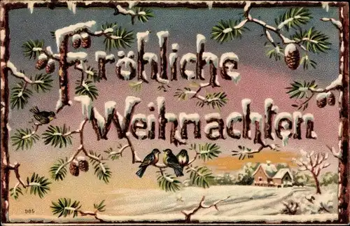 Präge Ak Glückwunsch Weihnachten, Tannenzweige, Tannzapfen, Vögel