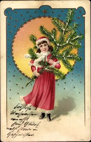 Präge Ak Weihnachten, Mädchen mit Tannenbaum, Sterne