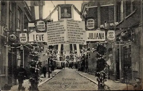 Ak Rotterdam Südholland Niederlande, Versiering Lange Torenstraat 1909, Juliana der Niederlande