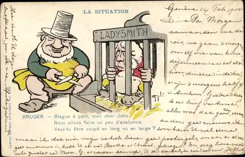 Ak Südafrika, La Situation, Paul Kruger, Ladysmith, Burenkrieg, anti britisch