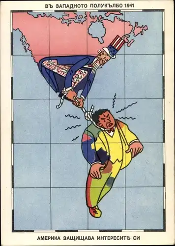 Ak Vermenschlichte Landkarte, Amerika schützt seine Interessen, Westliche Hemisphäre 1941