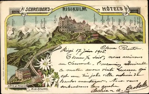 Litho Rigi Kulm Kanton Schwyz, Schreibers Hotels, Pension Rigi Staffel, Alpenpanorama