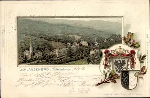 Präge Wappen Litho Schlangenbad im Taunus, Stadtpanorama vom Wilhelmstempel