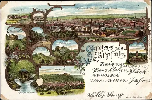 Litho Kaiserslautern in der Pfalz, Falkenstein, Landstuhl, Eselsfurth, Kiosk im Karlstal