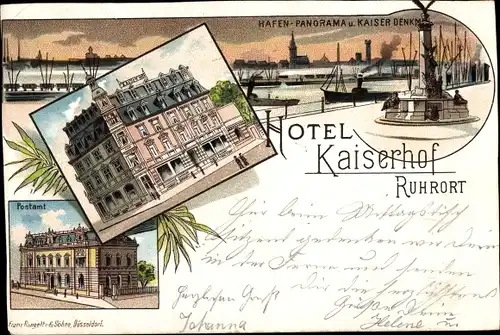 Litho Ruhrort Duisburg, Hotel Kaiserhof, Hafen, Kaiserdenkmal, Postamt