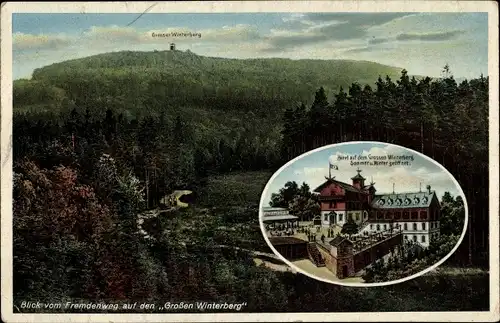 Ak Ostrau Bad Schandau Sächsische Schweiz, Großer Winterberg, Blick vom Fremdenweg, Hotel